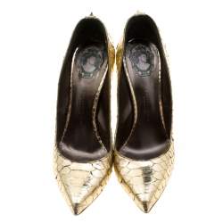 Pre Owned Philipp Plein Metallic Gold Python Studded Pointed Toe Pumps Size 40