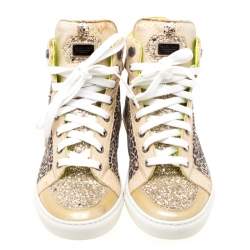 Pre Owned Philipp Plein Leopard Print Suede And Python Leather Jungle Glitter High Top Sneakers Size 38.5