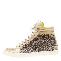 Pre Owned Philipp Plein Leopard Print Suede And Python Leather Jungle Glitter High Top Sneakers Size 38.5