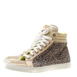 Pre Owned Philipp Plein Leopard Print Suede And Python Leather Jungle Glitter High Top Sneakers Size 38.5