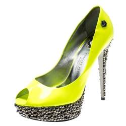 Pre Owned Philipp Plein Neon Green Patent Leather Peep Toe Spike Platform Pumps Size 38