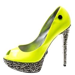 Pre Owned Philipp Plein Neon Green Patent Leather Peep Toe Spike Platform Pumps Size 38