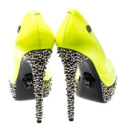 Pre Owned Philipp Plein Neon Green Patent Leather Peep Toe Spike Platform Pumps Size 38