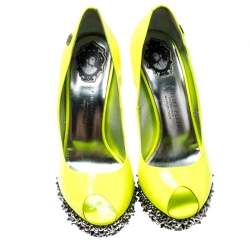 Pre Owned Philipp Plein Neon Green Patent Leather Peep Toe Spike Platform Pumps Size 38