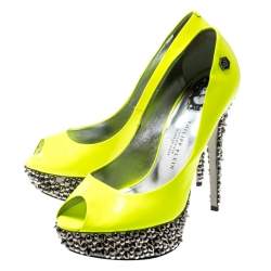 Pre Owned Philipp Plein Neon Green Patent Leather Peep Toe Spike Platform Pumps Size 38