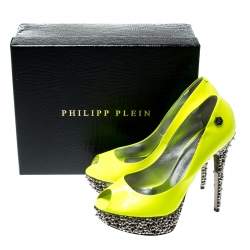Pre Owned Philipp Plein Neon Green Patent Leather Peep Toe Spike Platform Pumps Size 38