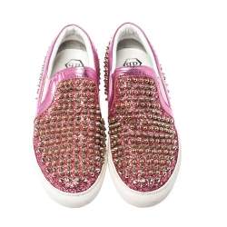 Pre Owned Phillip Plein Pink Leather and Glitter Spike Gall Slip On Sneakers Size 37