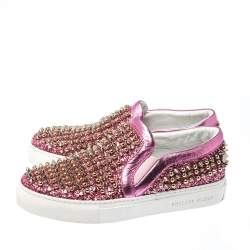Pre Owned Phillip Plein Pink Leather and Glitter Spike Gall Slip On Sneakers Size 37