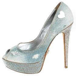 Phillip Plein Blue Crystal Embellished Distressed Denim Peep Toe Platform Pumps Size 39 