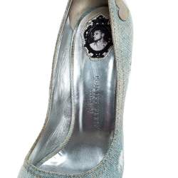 Phillip Plein Blue Crystal Embellished Distressed Denim Peep Toe Platform Pumps Size 39 