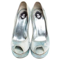 Phillip Plein Blue Crystal Embellished Distressed Denim Peep Toe Platform Pumps Size 39 