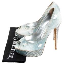 Phillip Plein Blue Crystal Embellished Distressed Denim Peep Toe Platform Pumps Size 39 