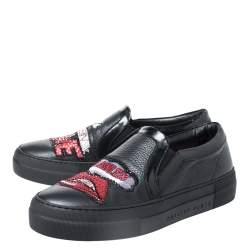 Pre Owned Phillip Plein Black Leather Busybody Slip On Sneakers 38