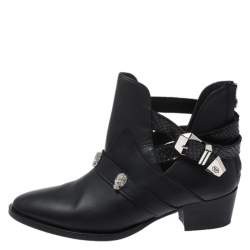 Pre Owned Philipp Plein Black Leather Skull Detail Ankle Boots Size 37