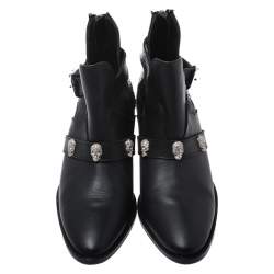 Pre Owned Philipp Plein Black Leather Skull Detail Ankle Boots Size 37