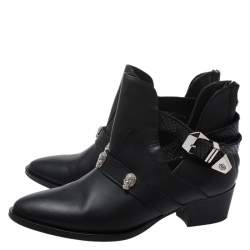 Pre Owned Philipp Plein Black Leather Skull Detail Ankle Boots Size 37