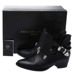Pre Owned Philipp Plein Black Leather Skull Detail Ankle Boots Size 37