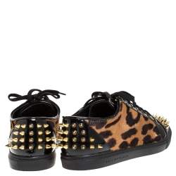Pre Owned Philipp Plein Black/Brown Leopard Print Calf Hair And Patent Leather Spike Embellished Low Top Sneakers Size 38