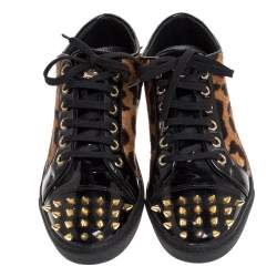 Pre Owned Philipp Plein Black/Brown Leopard Print Calf Hair And Patent Leather Spike Embellished Low Top Sneakers Size 38