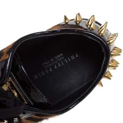 Pre Owned Philipp Plein Black/Brown Leopard Print Calf Hair And Patent Leather Spike Embellished Low Top Sneakers Size 38