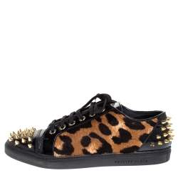 Pre Owned Philipp Plein Black/Brown Leopard Print Calf Hair And Patent Leather Spike Embellished Low Top Sneakers Size 38