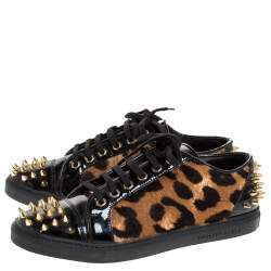 Pre Owned Philipp Plein Black/Brown Leopard Print Calf Hair And Patent Leather Spike Embellished Low Top Sneakers Size 38