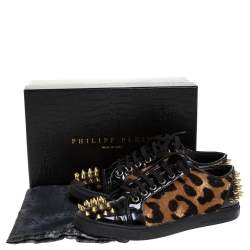 Pre Owned Philipp Plein Black/Brown Leopard Print Calf Hair And Patent Leather Spike Embellished Low Top Sneakers Size 38