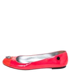 Pre Owned Philipp Plein Neon Pink Patent Leather Embellished Skull Cap Toe Ballet Flats Size 37.5