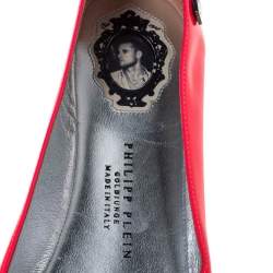 Pre Owned Philipp Plein Neon Pink Patent Leather Embellished Skull Cap Toe Ballet Flats Size 37.5