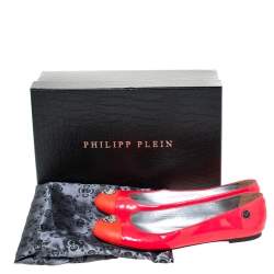 Pre Owned Philipp Plein Neon Pink Patent Leather Embellished Skull Cap Toe Ballet Flats Size 37.5
