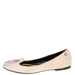 Pre Owned Philipp Plein Beige Suede Diamante Skull Flats Size 40.5