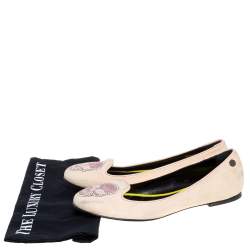 Pre Owned Philipp Plein Beige Suede Diamante Skull Flats Size 40.5