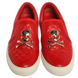 Pre Owned Philipp Plein Red Leather Skull Embellished Slip On Sneakers Size 38