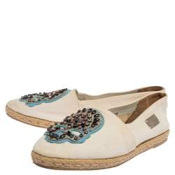 Pre Owned Philipp Plein White Canvas Crystal Embellished Skull Espadrilles Size 38 