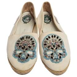 Pre Owned Philipp Plein White Canvas Crystal Embellished Skull Espadrilles Size 38 
