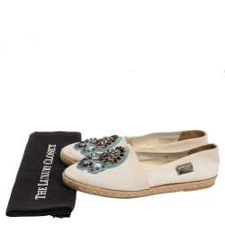 Pre Owned Philipp Plein White Canvas Crystal Embellished Skull Espadrilles Size 38 