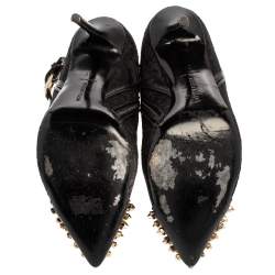 Pre Owned Phillip Plein Black Lace And Leather Studded Cap Toe Ankle Booties Size 37