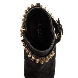 Pre Owned Phillip Plein Black Lace And Leather Studded Cap Toe Ankle Booties Size 37
