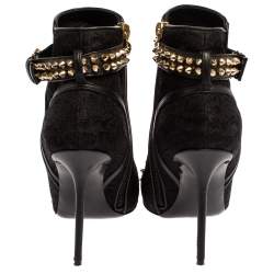 Pre Owned Phillip Plein Black Lace And Leather Studded Cap Toe Ankle Booties Size 37