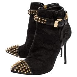 Pre Owned Phillip Plein Black Lace And Leather Studded Cap Toe Ankle Booties Size 37