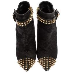 Pre Owned Phillip Plein Black Lace And Leather Studded Cap Toe Ankle Booties Size 37
