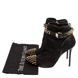 Pre Owned Phillip Plein Black Lace And Leather Studded Cap Toe Ankle Booties Size 37