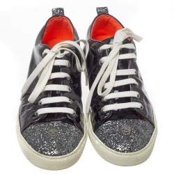 Pre Owned Philipp Plein Black Patent Leather Skull Glittered Cap Toe Low Top Sneakers Size 40.5