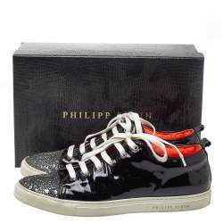 Pre Owned Philipp Plein Black Patent Leather Skull Glittered Cap Toe Low Top Sneakers Size 40.5