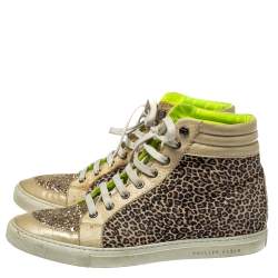 Pre Owned Philipp Plein Animal Print Suede And Python Trim Jungle Glitter High Top Sneakers Size 40.5