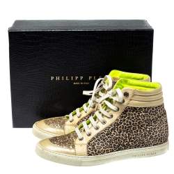 Pre Owned Philipp Plein Animal Print Suede And Python Trim Jungle Glitter High Top Sneakers Size 40.5