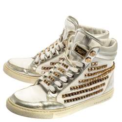 Pre Owned Philipp Plein White Leather Studded High Top Sneakers Size 39.5