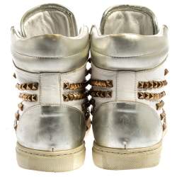 Pre Owned Philipp Plein White Leather Studded High Top Sneakers Size 39.5