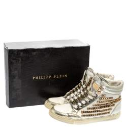 Pre Owned Philipp Plein White Leather Studded High Top Sneakers Size 39.5