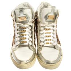 Pre Owned Philipp Plein White Leather Studded High Top Sneakers Size 39.5